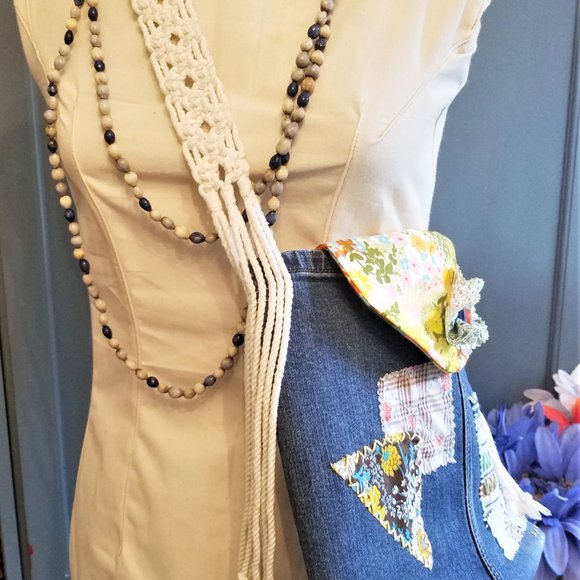 Handmade Denim Purse Macrame Strap Vintage Fabrics - Picture 5 of 10